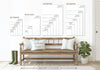 a wooden bench with pillows, a potted plant, and a pair of boots, all set against a white wall. Above the bench, there are three framed size charts providing measurements for different print sizes, including "3/4" and "2/3" ratio sizes.