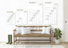a wooden bench with pillows, a potted plant, and a pair of boots, all set against a white wall. Above the bench, there are three framed size charts providing measurements for different print sizes, including 3/4, 11/14, and 2/3 ratio prints.